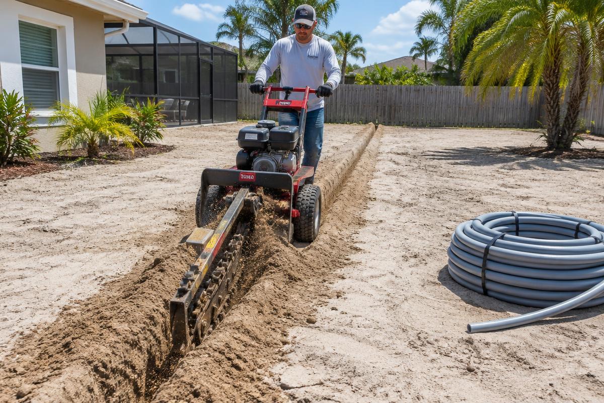 Walk-behind trencher cutting a straight trench in a sandy yard